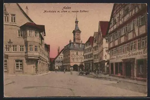 AK Aalen i. Wttbg., Marktplatz mit Gasthaus zum Schwanen sowie altem und neuem Rathaus