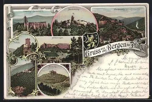 Lithographie Hardenburg /Pfalz, Teilansicht, Trifels, Maxburg