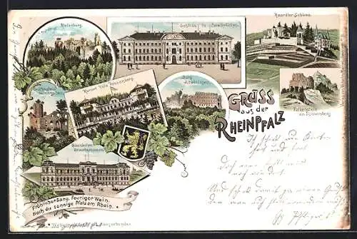 Lithographie Kaiserslautern, Madenburg, Schloss in Zweibrücken, Gräfenstein