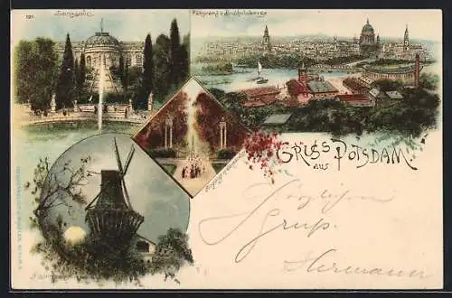 Lithographie Potsdam, Sanssouci, Mühle, Stadtblick