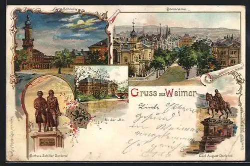 Lithographie Weimar / Thür., Schloss, Panoramaansicht, Carl August Denkmal