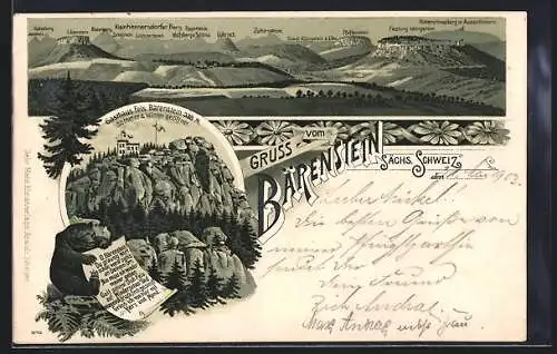 Lithographie Bärenstein /Sächs. Schweiz, Gasthaus Fels Bärenstein, Panorama mit Lilienstein und Pfaffenstein