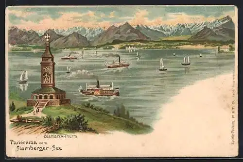 Lithographie Starnberg /Starnberger See, Panorama mit Bismarck-Turm