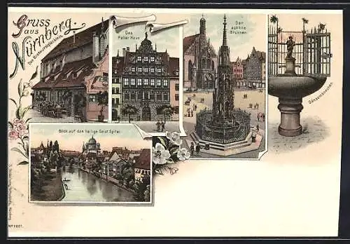Lithographie Nürnberg, Gasthaus Bratwurstglöcklein, Das Peller Haus, Der schöne Brunnen