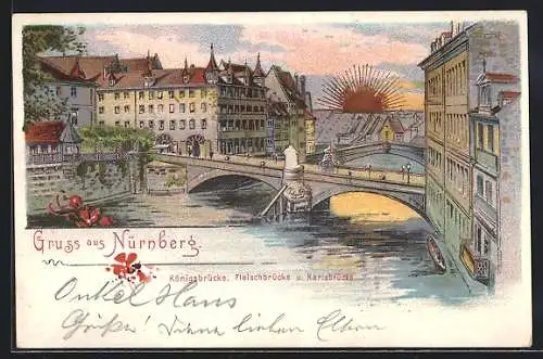 Sonnenschein-Lithographie Nürnberg, Königsbrücke, Fleischbrücke und Karlsbrücke