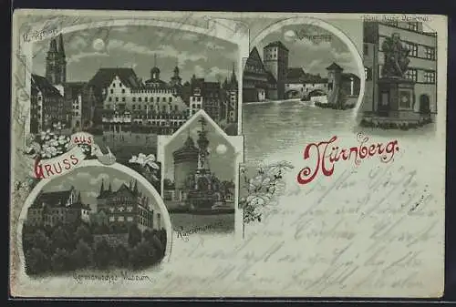 Mondschein-Lithographie Nürnberg, Kunstbrunnen, Germanisches Museum, Henkersteg