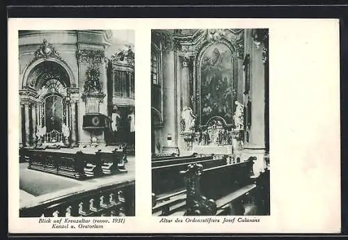 AK Wien, Basilika Maria Treu, Kreuzaltar mit Kanzel, Altar des Ordensstifters