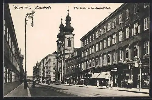 AK Wien, Alserstrasse mit Kirche z. hl. Dreifaltigkeit und Strassenbahn