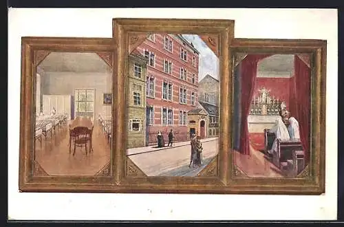 Künstler-AK Wien, Maria Theresia-Frauen-Hospital, Feldgasse 9, mit Strasse, Schlafsaal, Kapelle