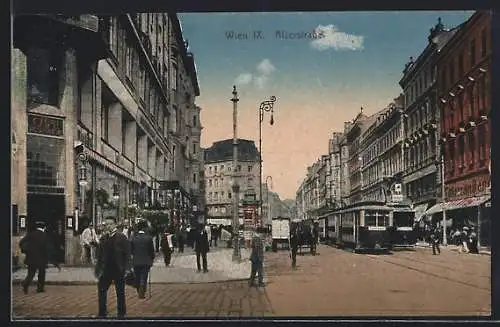 AK Wien, Alserstrasse mit Café Alserhof, Geschäften und Strassenbahn