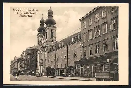 AK Wien, Pfarrkirche z. heil. Dreifaltigkeit in der Alserstrasse, Strassenbahn