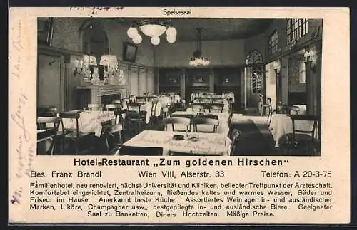 AK Wien, Hotel-Restaurant Zum goldenen Hirschen, Alserstr. 33, Speisesaal, Inh. Franz Brandl