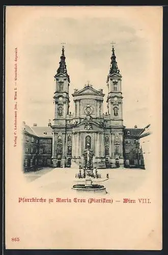 AK Wien, Pfarrkirche zu Maria Treu, Piaristen, mit Brunnen und Säulendenkmal