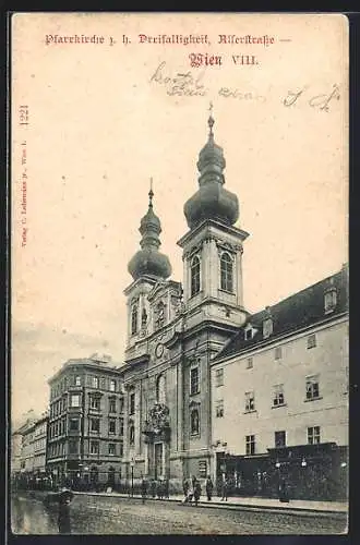 AK Wien, Pfarrkirche zur hl. Dreifaltigkeit in der Alserstrasse, mit Strasse und Nachbarhäusern