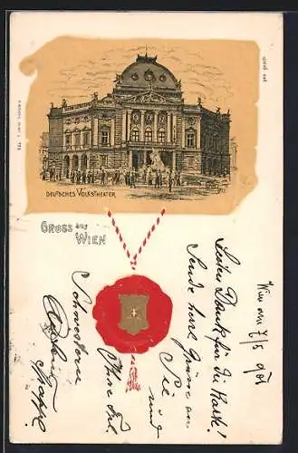 Lithographie Wien, Deutsches Volkstheater, Präge-Siegel mit Wappen