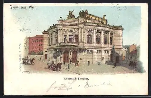 Lithographie Wien VI, Pferdekutsche vor dem Raimund-Theater