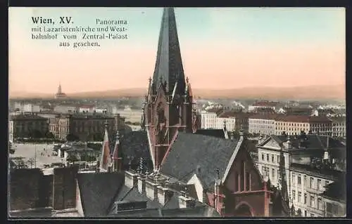 AK Wien, Panorama mit Lazaristenkirche und Westbahnhof vom Zentral-Palast aus gesehen