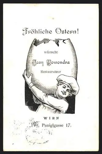 Künstler-AK Wien, Restaurant Jean Powondra, Koch mit Osterei