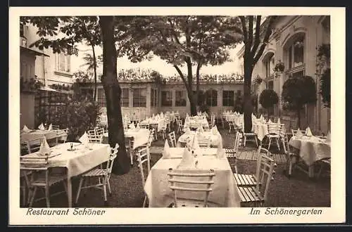 AK Wien I, Freyung, Schottenkirche, Restaurant Schöner, im Schönergarten