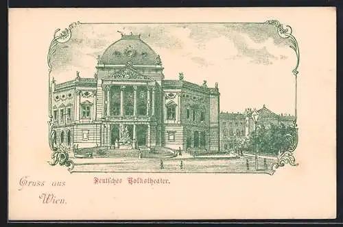 Lithographie Wien, Deutsches Volkstheater mit Denkmal