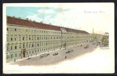Lithographie Wien, Strassenbahnen vor dem Theresianum