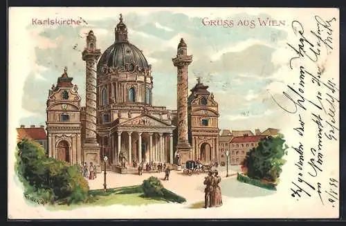 Lithographie Wien, Spaziergänger vor der Karlskirche