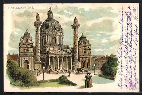 Lithographie Wien, Spaziergänger vor der Karlskirche