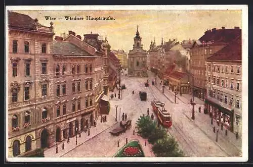 Künstler-AK Wien, Strassenbahn auf der Wiedner Hauptstrasse