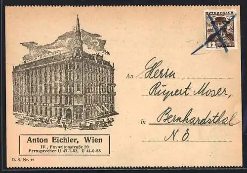 AK Wien, Korrespondenzkarte Anton Eichler, Favoritenstrasse 20