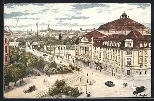 Künstler-AK Wien, Konzerthaus mit Strasse und Stadtpanorama aus der Vogelschau