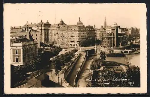 AK Wien, Heeresministerium und Urania mit Brücke aus der Vogelschau