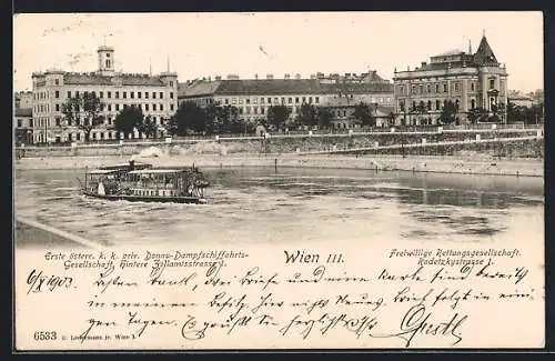AK Wien, Donau-Dampfschiffahrts-Gesellschaft und Freiwillige Rettungsgesellschaft, vom Wasser gesehen