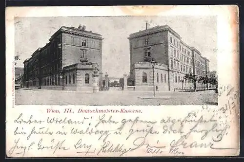 AK Wien, Deutschmeister-Kaserne mit Eingangstor, von der Strasse gesehen