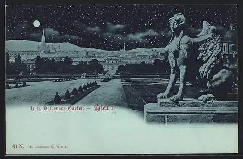 Mondschein-AK Wien, K. K. Belvedere-Garten mit Mischwesen-Statue
