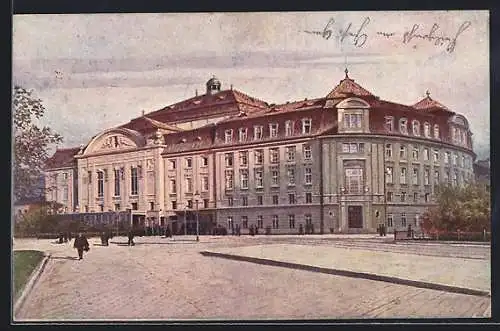 Künstler-AK Wien, Konzerthaus mit Strasse im Sonnenschein