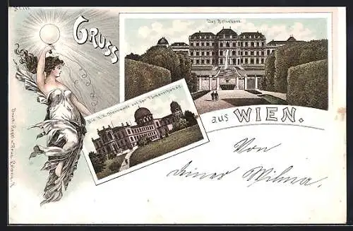 Lithographie Wien III, das Belvedere, die k.k Sternwarte