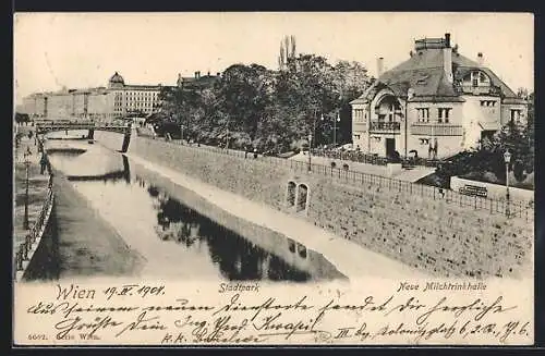 AK Wien, Neue Milchtrinkhalle am Stadtpark, Ansicht mit Brücke von oben