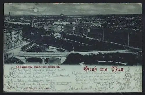 Mondschein-AK Wien, Schwarzenberg-Brücke und Heumarkt aus der Vogelschau