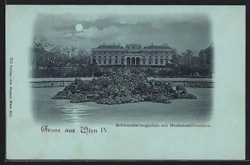 Mondschein-AK Wien, Schwarzenbergpalais mit Hochstrahlbrunnen