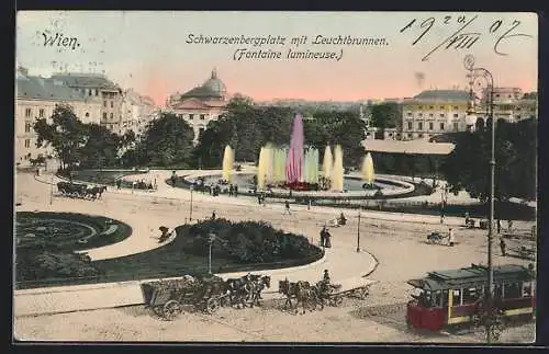 AK Wien, Schwarzenbergplatz mit Leuchtbrunnen und Strassenbahn