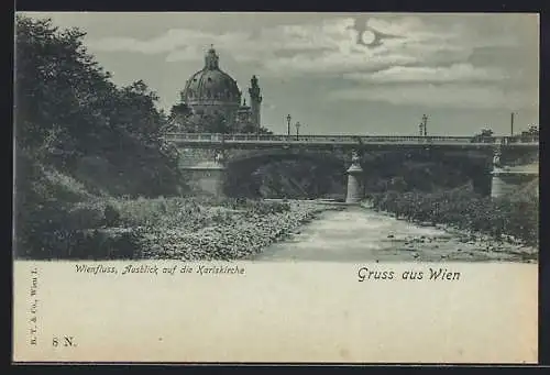 Mondschein-AK Wien, Wienfluss, Ausblick auf die Karlskirche