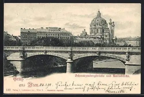 AK Wien, Schwarzenbergbrücke und Karlskirchen-Panorama