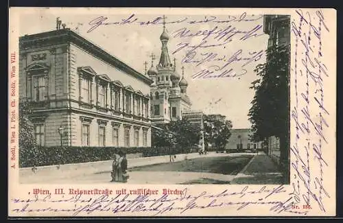 AK Wien, Reisnerstrasse mit russischer Kirche