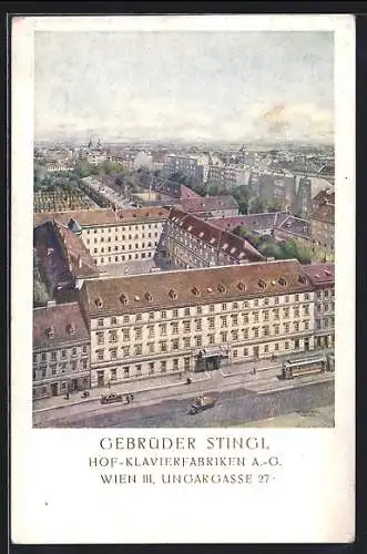 Künstler-AK Wien, Hof-Klavierfabriken A.-G. Gebrüder Stingl, Ungargasse 27