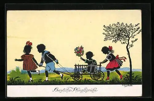 Künstler-AK Friedrich Kaskeline: Kinder mit Bollerwagen und Blumenstrauss, Schattenbild