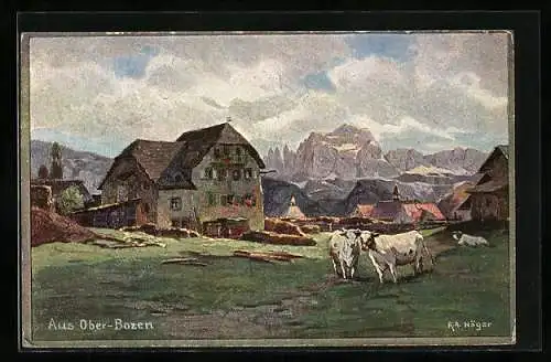 Künstler-AK Rudolf Alfred Höger: Soprabolzano sul Renon, Panorama mit Kühen