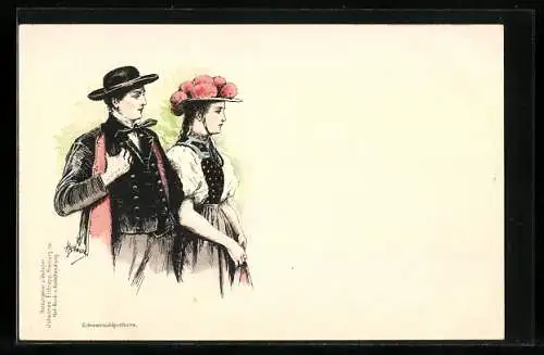 Lithographie Paar in Schwarzwälder Tracht beim Spaziergang