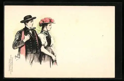 Lithographie Paar in Schwarzwälder Tracht beim Spaziergang