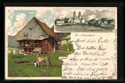 Künstler-Lithographie K. Mutter: St. Märgen, Rankmühle mit einer Kuh und Ortsansicht