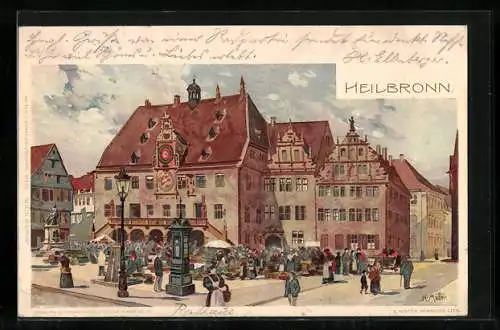 Künstler-AK K. Mutter: Heilbronn, Platz vor dem Rathaus, Leute, Händler